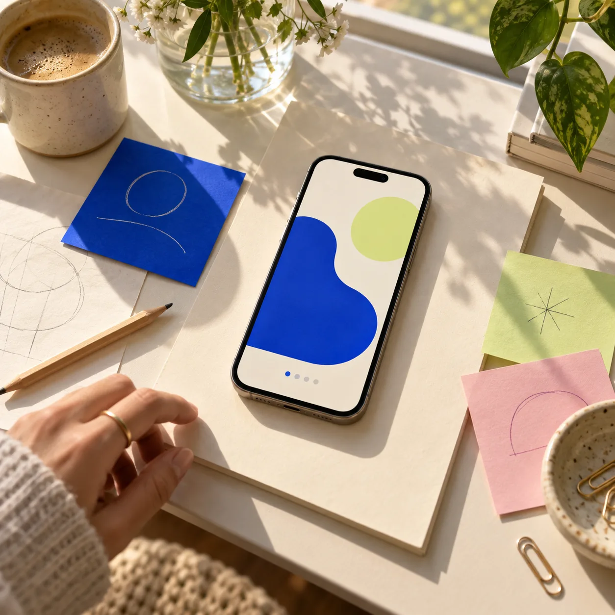 Sunlit creative worktable with a phone showing abstract app shapes